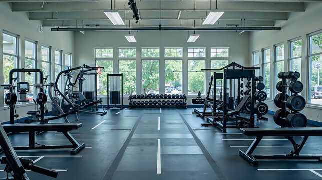 A gym with a variety of equipment in it