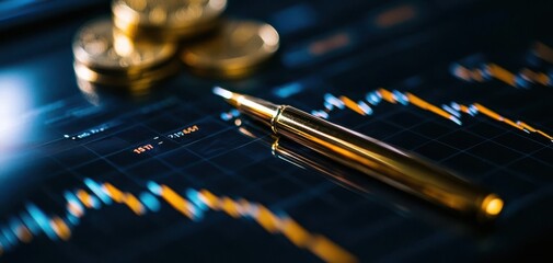 A close-up of a golden pen on a financial chart, symbolizing investment, analysis, and the dynamic world of finance.