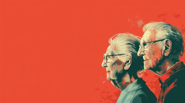 watercolor illustration, vintage postcard, International Day of Older Persons, silhouette of an elderly couple, red background, copy space, free space for text