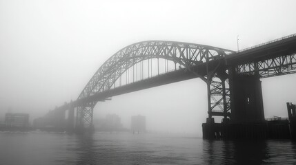 Obraz premium Bridge, water, buildings, fog, black and white, photo