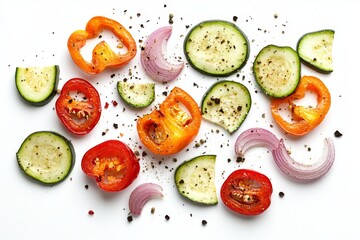 a jumble of colorful, slightly charred vegetable slices, including zucchini, bell peppers, and onions, scattered across a pristine white background