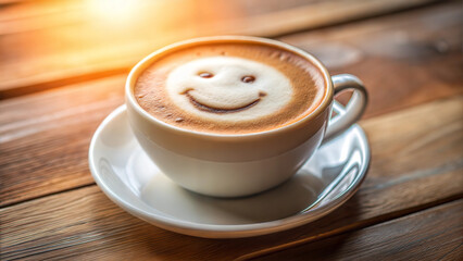 Fototapeta premium Close-Up of a Smiling Latte Art in a Cup of Coffee with Frothy Milk on Wooden Table
