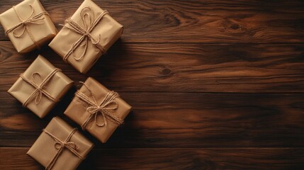 Fototapeta premium Gifts. Gift boxes on wooden table. Top view
