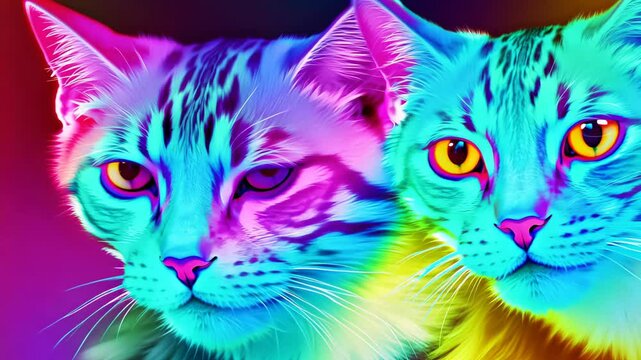 Dos gatos al estilo ne&oacute;n con colores degradados brillantes, efecto fant&aacute;stico y psicod&eacute;lico