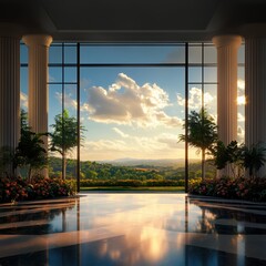 Elegant interior with large windows, columns, and stunning sunset view over landscape. Luxurious and peaceful ambiance.