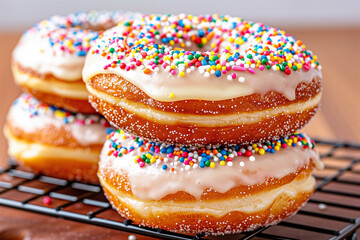 Delicious donuts topped with colorful sprinkles on a cooling rack. Vibrant dessert with creamy frosting perfect for sweet treats and indulgence - Powered by Adobe