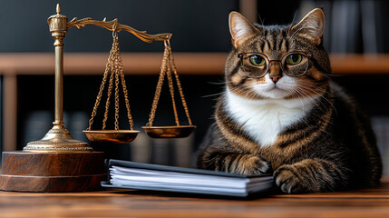 A cat wearing glasses sits confidently next to a set of scales and a stack of documents in a law office setting during the day