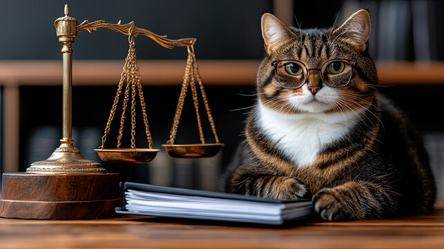 A cat wearing glasses sits confidently next to a set of scales and a stack of documents in a law office setting during the day
