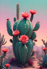 Various types of cactus and plants, some of them  flowering, arranged on a monochrome pastel background