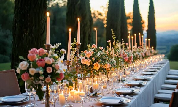 Romantic Candlelit Dinner Table Setting in Tuscany