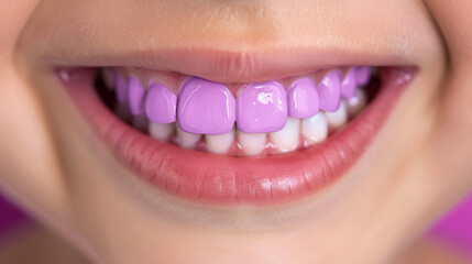Fototapeta premium Dental care hygiene, purple tooth child smiling, smile dentistry, ultra-realistic stock photo.