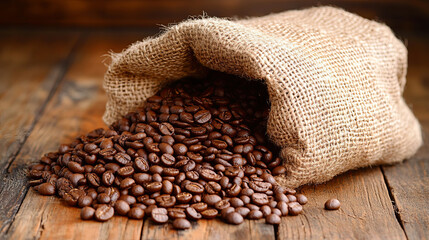 A burlap sack spills roasted coffee beans on a wooden table