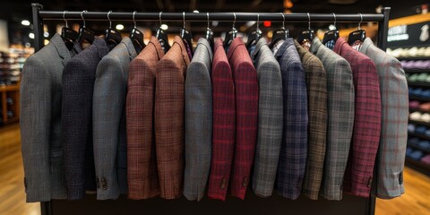 A diverse collection of tailored men's blazers displayed on hangers in various colors and patterns on a clothing rack inside a well-lit, modern store