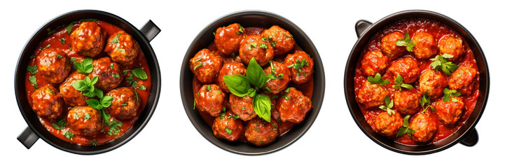 Set of turkey meatballs in marinara sauce isolated on a transparent background