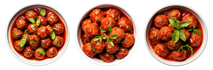 Set of turkey meatballs in marinara sauce isolated on a transparent background