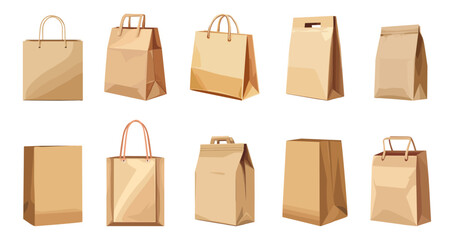 Craft brown paper shopping bag with and without handle set. Gift bag with rope handle. Front side view. Mockup template. Takeaway rocery and food package. Cartoon style isolated vector clipart