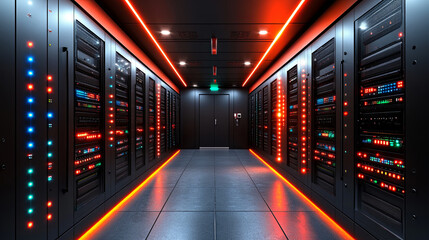 Tech equipment in a data center with illuminated servers in a modern facility at night