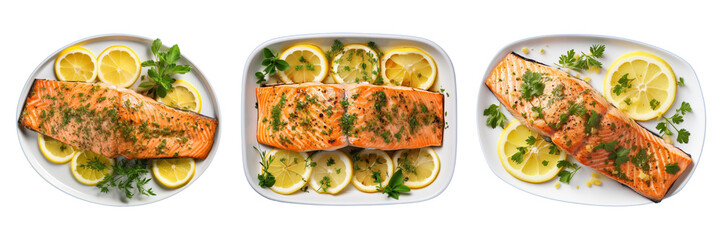 Set of lemon herb baked salmon isolated on a transparent background