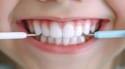 Naklejka premium Dental care hygiene, white tooth child smiling, smile dentistry, ultra-realistic stock photo.
