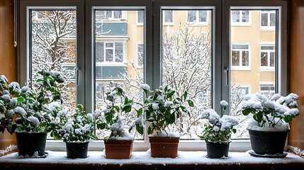   Potted plants atop window sill against snowy backdrop