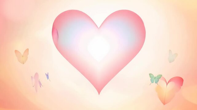 Delicado coraz&oacute;n brillante con suaves transiciones de colores rosa y melocot&oacute;n sobre un fondo de mariposas