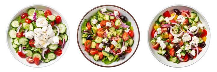 Set of Greek salad with tzatziki dressing isolated on a transparent background
