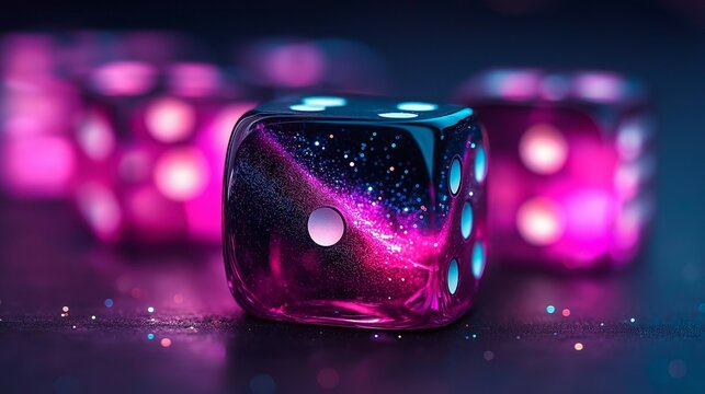 dice cubes with galaxies and stars on the pink purple background.	 - Powered by Adobe