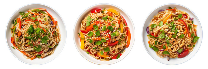 Set of Asian sesame noodle salad isolated on a transparent background