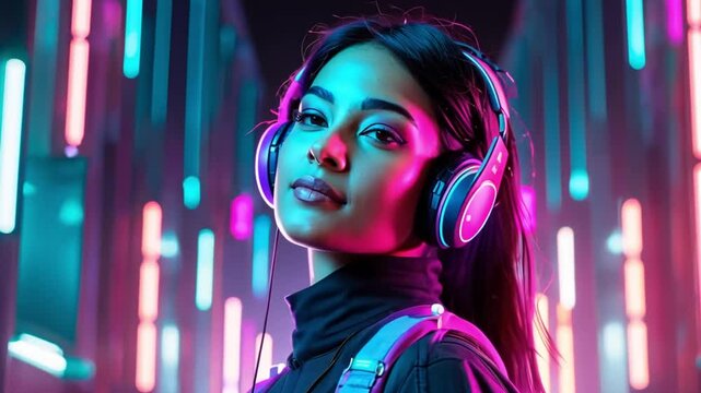 Video of a portrait featuring a Cyberpunk-style focused female character with wet hair, set against a vibrant neon backdrop. The scene highlights the character's intense expression and futuristic aest