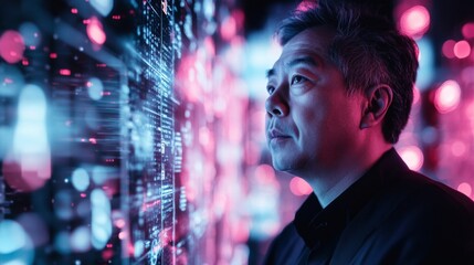 A man is looking at a computer screen with a lot of numbers and lines