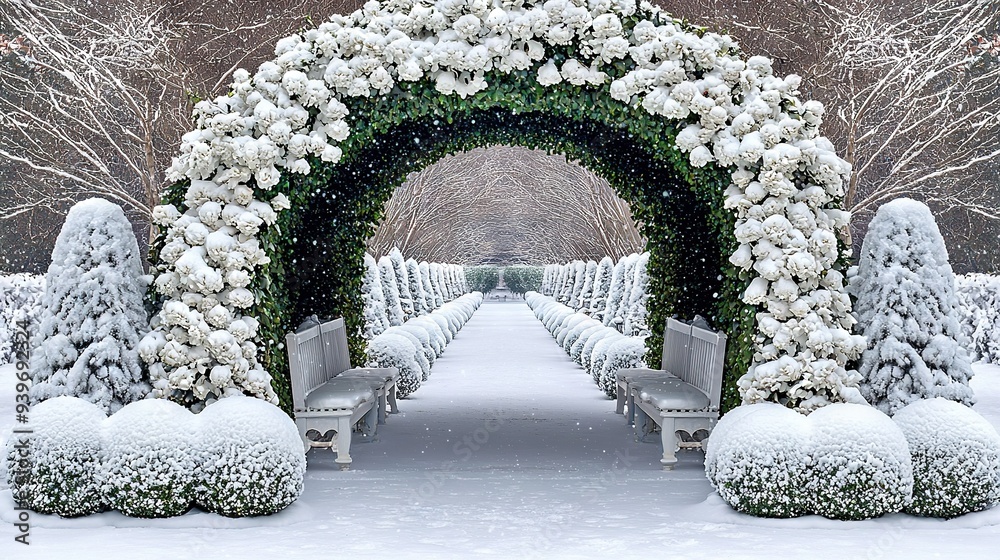 Wall mural  A snowy park featuring benches and an archway adorned with white blooms, all under a gentle snowfall