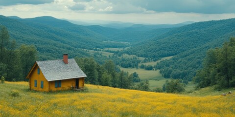 Fototapeta premium A serene yellow wooden cabin with a chimney sits amidst a vast expanse of rolling green hills and a vibrant meadow, under a partly cloudy sky