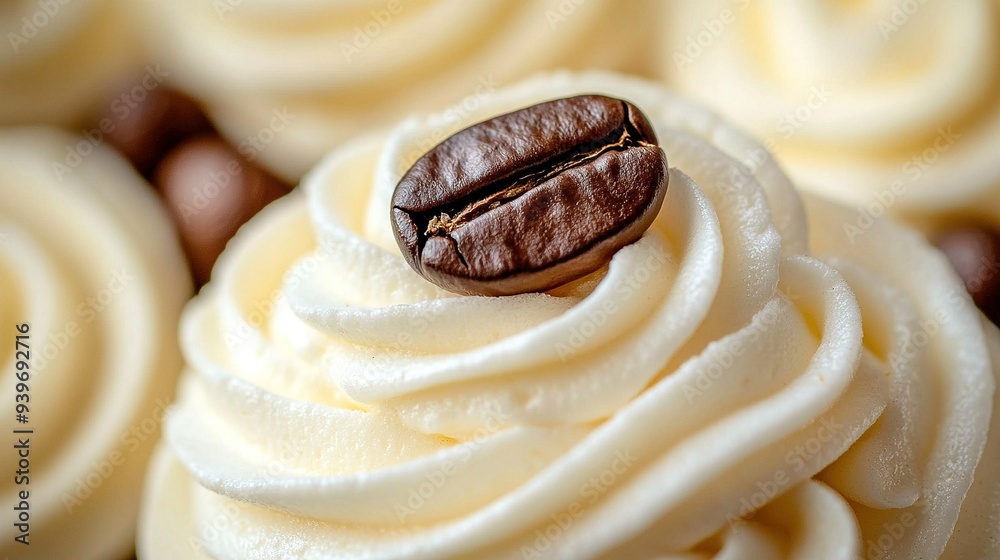 Sticker a cupcake with white icing and a coffee bean resting atop it