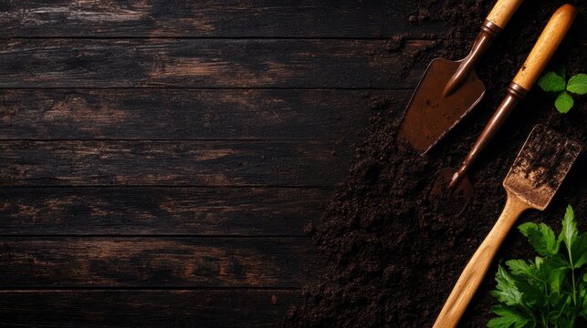 Gardening tools with soil on dark wooden background. Top view with space for text. Gardening concept with shovel, trowel, and plants. - Powered by Adobe