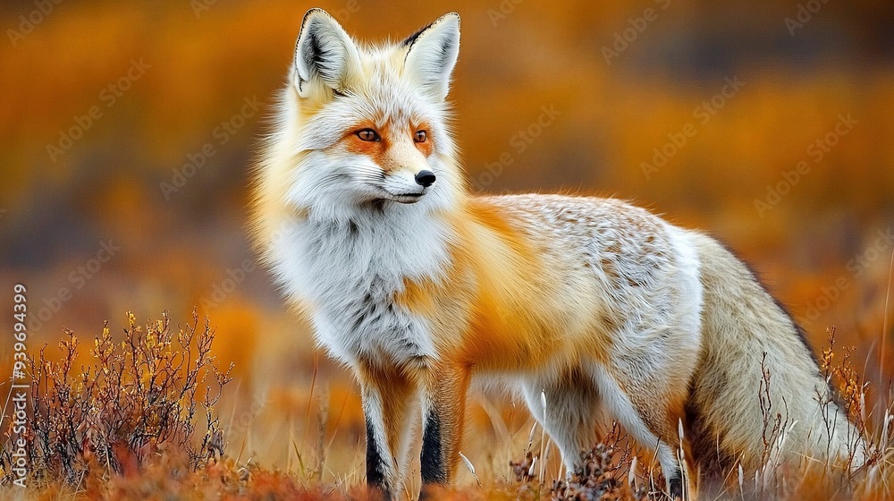 Poster a close-up photo of a red fox amidst a sea of golden grass and vibrant bushes against a backdrop of 