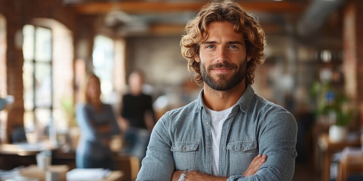 Portrait of a confident and approachable young man with curly blond hair standing with arms crossed in an open office environment with colleagues in the background