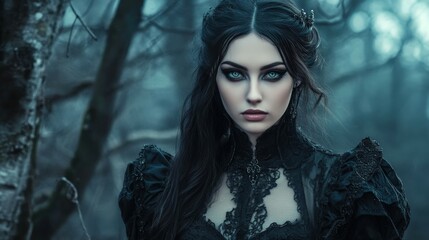 Gothic woman in a dark forest wearing an elegant lace dress at dusk