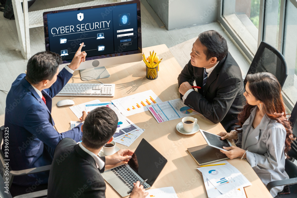 Poster cyber security system on computer screen protect private information snugly from hacker and cyber at