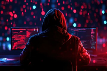 Hacker in a dark room working on multiple computer screens with code, representing cyber security, hacking, and programming concepts.