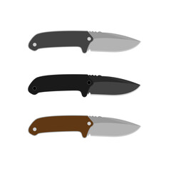 Set of knives in three colors illustration. Tourist camping knife ,knife camping set cartoon. equipment camp, tent outdoor, hiking summer knife camping sign. isolated symbol vector illustration.