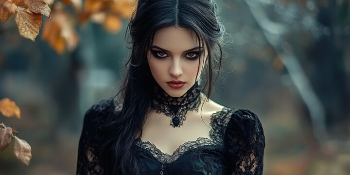 Gothic woman with dark attire in autumn forest during twilight hours