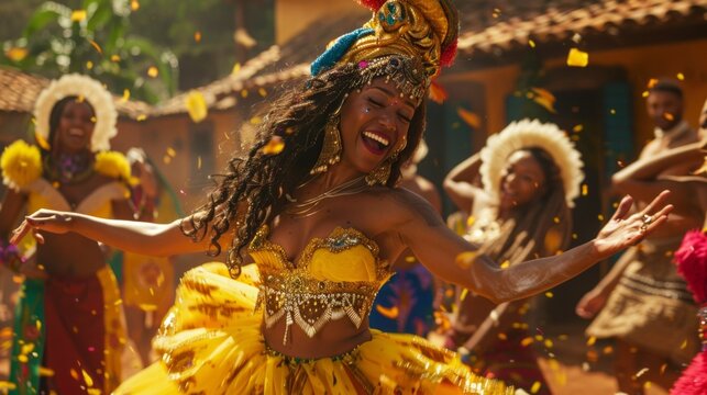 To having the time of our lives. Cropped shot of beautiful samba dancers performing in a carnival with their band.