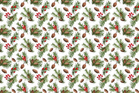 Christmas background based on a seamless pattern. Coniferous branches, cones and red artificial berries. Pattern for wrapping paper, greeting cards, invitations, fabric, prints.