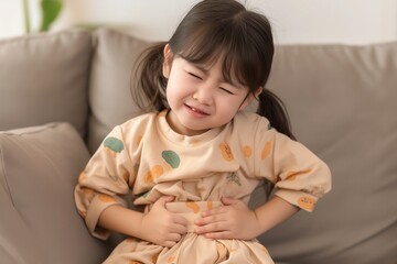 Little girl has stomachache at home