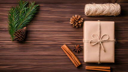 Obraz premium Eco-Friendly Gift Wrapping: Stylish and Sustainable Holiday Packages Decorated with Natural Elements Like Pine Cones, Cinnamon Sticks, and Evergreen Sprigs, Emphasizing Thoughtful, Green Living