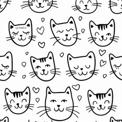 Obraz premium a simple line drawing of a love cats coloring pages patern for your little one, cat faces, hearts, white and black, wallpaper, monochrome simplicity