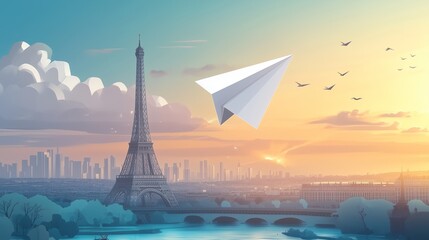 A paper airplane flies past the Eiffel Tower in Paris, France.