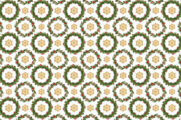 Christmas background based on a seamless pattern.Festive Christmas wreath and golden decorative snowflakes isolated on white background. Pattern for wrapping paper, greeting cards, invitations, prints