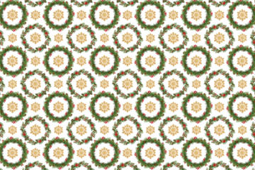 Christmas background based on a seamless pattern.Festive Christmas wreath and golden decorative snowflakes isolated on white background. Pattern for wrapping paper, greeting cards, invitations, prints