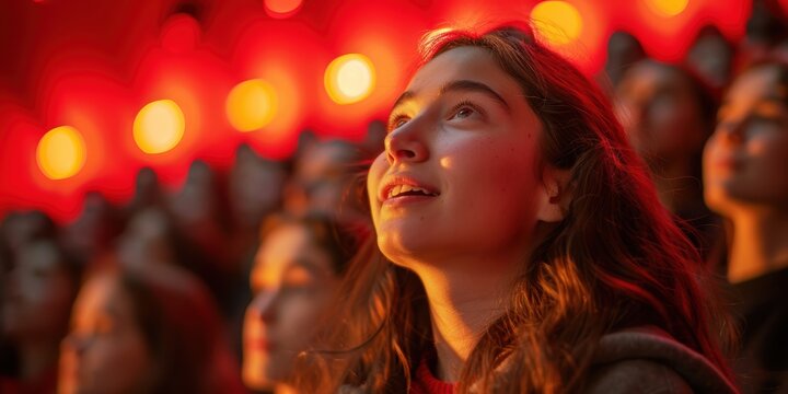 Captivated audience members in a theater filled with warm, ambient lighting, showing a young woman gazing upwards attentively, bathed in a red and orange glow